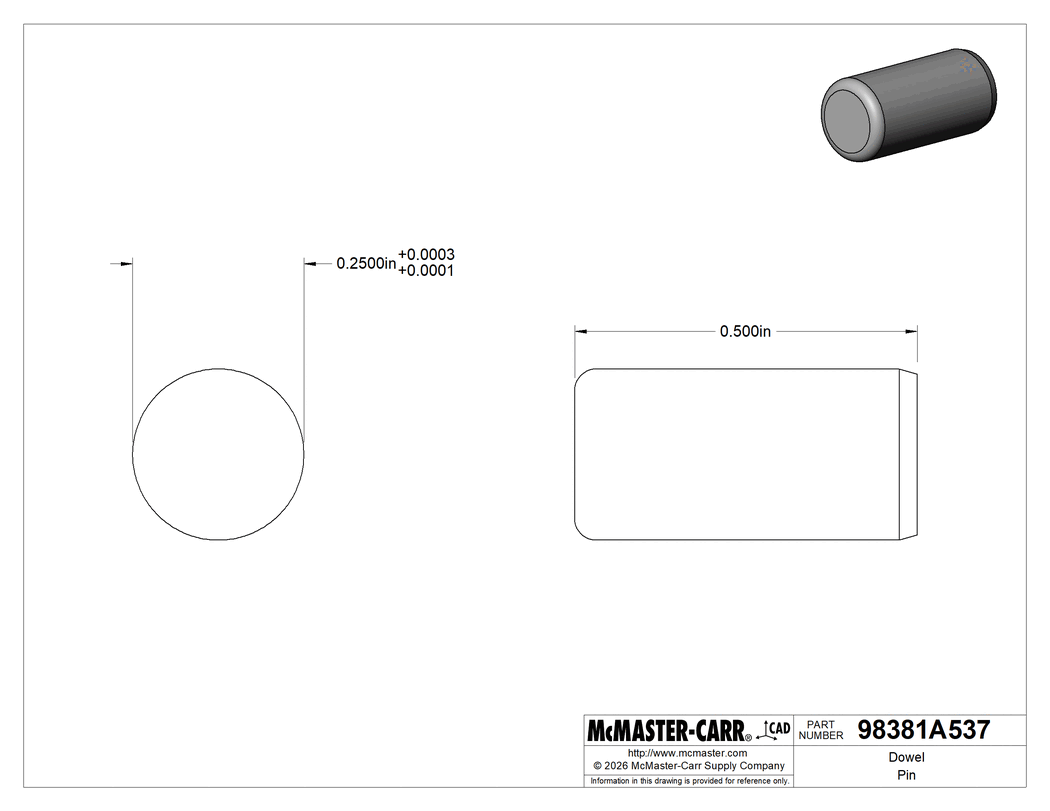 Technical Drawing of Dowel Pin, Alloy Steel, 1/4" Diameter, 1/2" Long.